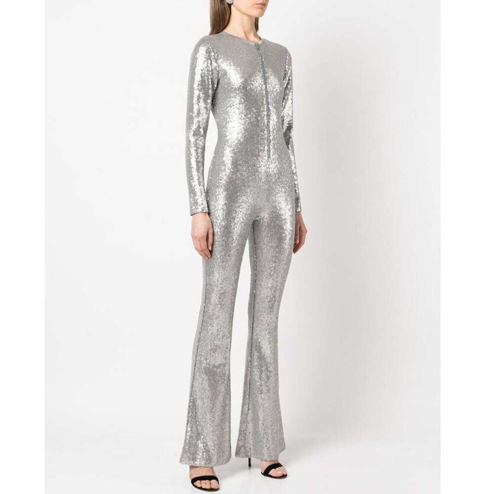 πͺ©π70s GLAM DISCO ERAππͺ© Cynthia Rowley Sequin Flared Jumpsuit in Silver - Picture 4 of 16